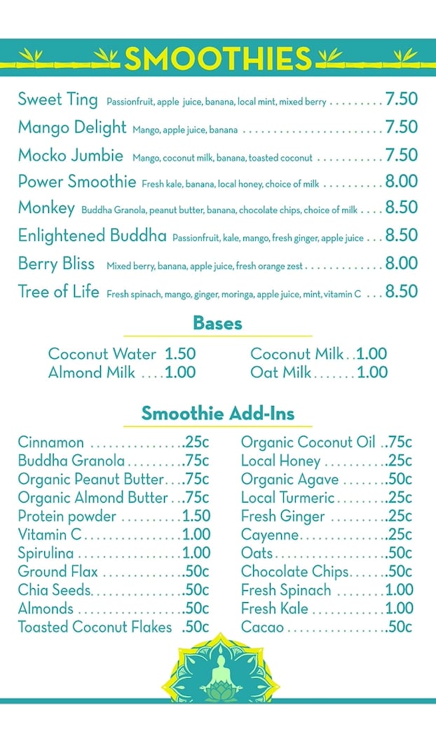 barefoot buddha menu - st. thomas, usvi